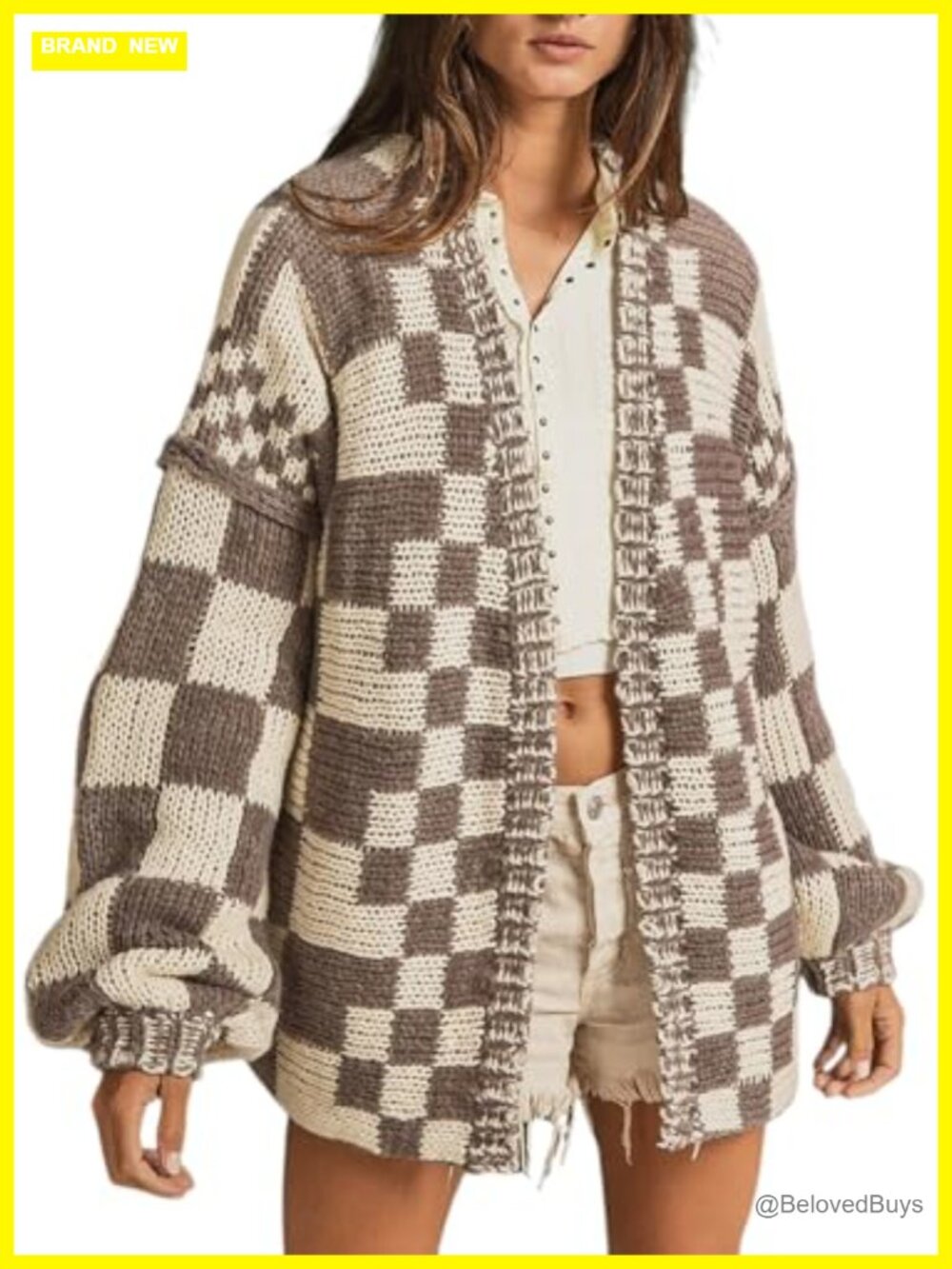 SELINK Women's Chunky Cardigan Sweater Checkered Open Front Knit